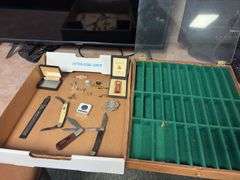 Case XX Pocket Knife, Hibbard Spencer Bartlett Co. Pocket Knife, Assorted Cuff Links, Tie Clips and Display Case