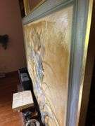 Floral Oil Painting on Canvas 60”x48” contents of mantle cowbell fireplace tools mirror