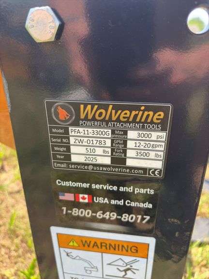 2025 Wolverine Skid Steer Pallet Fork - Hydraulic Adjustable - Model PFA-11-3300G - SN ZW01783 - damaged in shipping - see pics