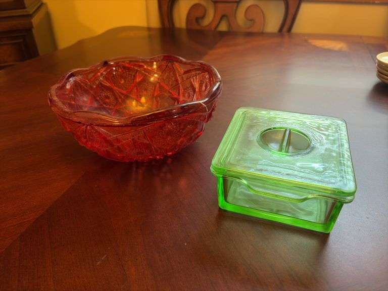 Red Glass Bowl and Green Glass Box