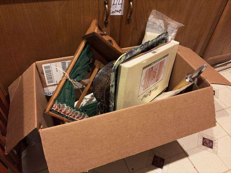 Box of Assorted Kitchen Supplies and Stackable Tables