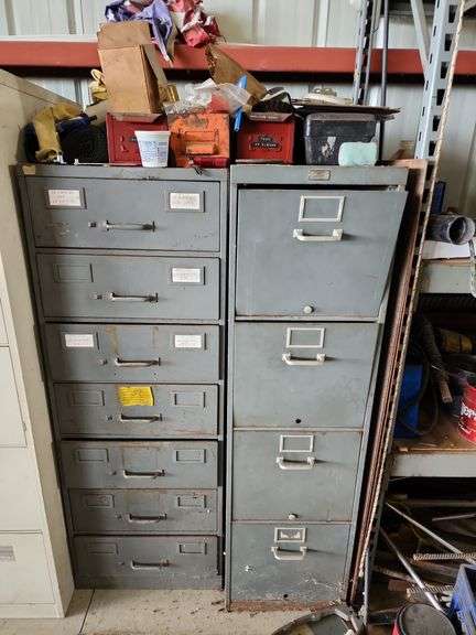 7 Drawer Parts Cabinet 19"x25"x52" and 4 Drawer Filing Cabinet 15"x28"x52"with Contents image
