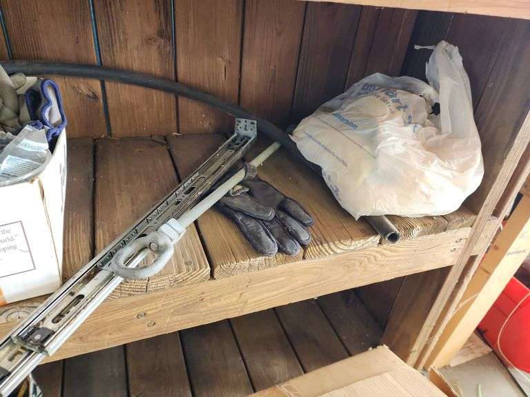 Contents of Shelves - Ceiling Fan, 4 ft Shop Light, Mini Blinds and Miscellaneous Hardware - Wooden Shelf NOT included
