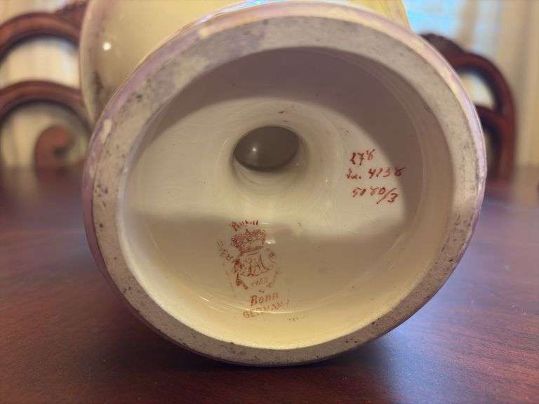 Floral Painted German Vase - 13”H - top is damaged