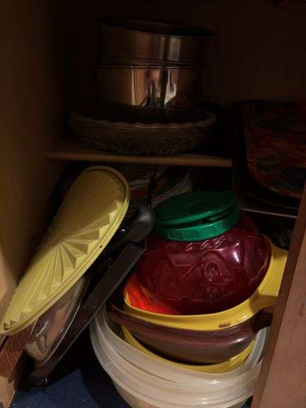 Contents of Cabinet - assortment of dishes, pots, misc