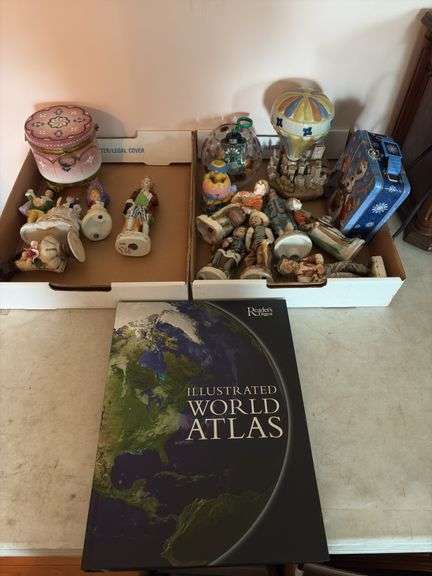 2 Box Lots of Assorted Figurines and Atlas image