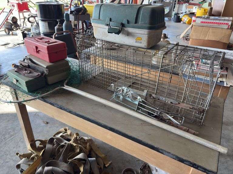 Assorted Fishing Tackel, Knives, and animal trap image