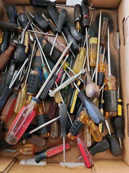 3 Flats of Assorted Screwdrivers, Wrenches, Pliers, Drill Bits