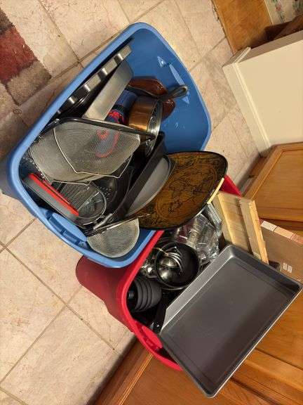 2 Totes of Assorted Pots and Pans and Kitchen Supplies