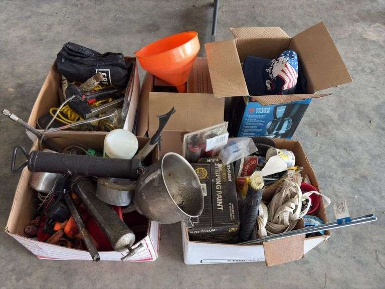 5 Box Lots of Assorted Tools, Hats, Candles, Straps, Misc image