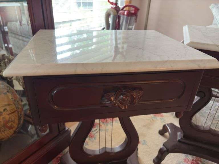 Pair of Marble Top Harp Side Tables - made in Italy - 28”H x 18”W x 14”D