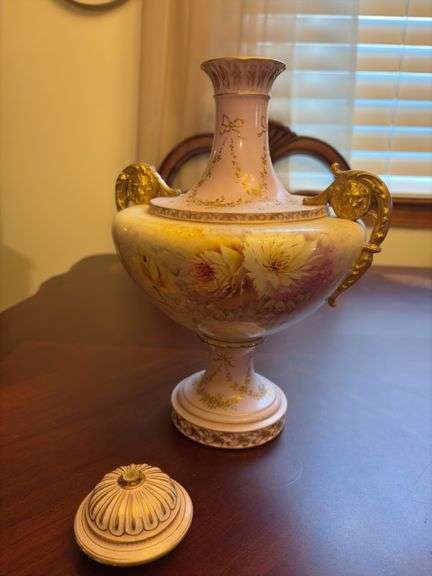 Floral Painted German Vase - 13”H - top is damaged