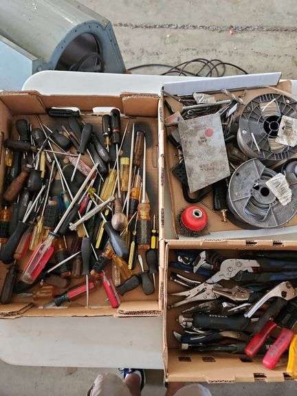3 Flats of Assorted Screwdrivers, Wrenches, Pliers, Drill Bits image