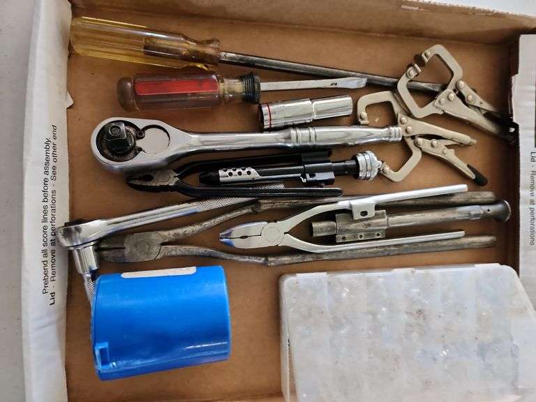 2 Flats of Assorted Tools - Clamps, Grease Fittings, Files