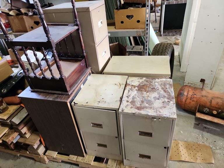 Contents of Pallet - (3) 2 Drawer File Cabinets, 4 Drawer File Cabinet, Small Wooden Side Table and Microwave Cart image