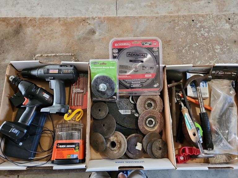 3 Flats - Battery Drills, Drill Bits, Assorted Grinding Discs, Saw Blade and Hand Tools image