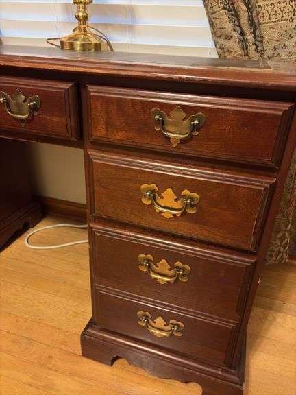 Leather Inlay Desk with Lamp and Chair - 54”W x 29”H x 23”D