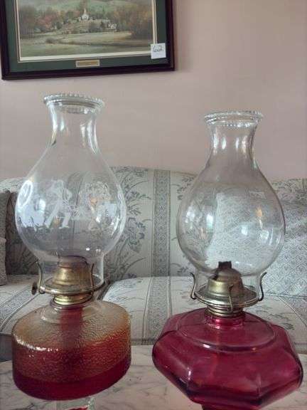 Pair of Pink Glass Oil Lamps