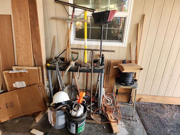 Assorted Long Handled Tools, Storage Rack and Stool image
