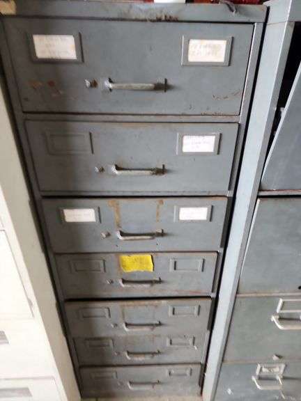 7 Drawer Parts Cabinet 19"x25"x52" and 4 Drawer Filing Cabinet 15"x28"x52"with Contents