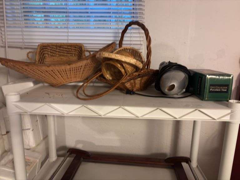 Plastic Storage Rack with Contents - baskets, Art, picture frames, mirrors