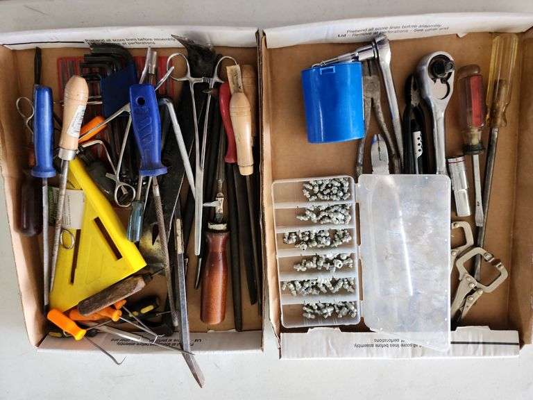 2 Flats of Assorted Tools - Clamps, Grease Fittings, Files image