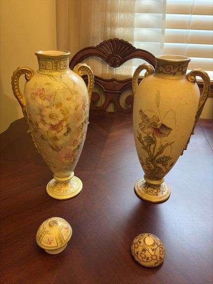 Pair of Bunn Germany Vases - tops are damaged - 14”