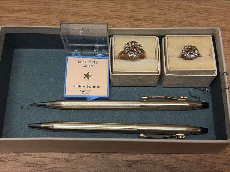 Pair of 10K Gold Filled Rings, 10K Gold Emblem, 2 10K Gold Filled Cross Pen & Pencil image