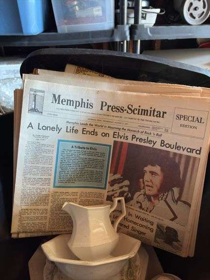 2 Totes of Glassware and Elvis Presley News Papers