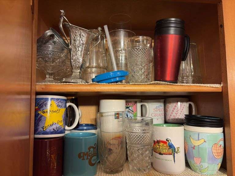 Contents of Cabinet - assorted cups and drinking glasses