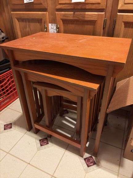 Box of Assorted Kitchen Supplies and Stackable Tables