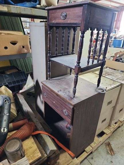 Contents of Pallet - (3) 2 Drawer File Cabinets, 4 Drawer File Cabinet, Small Wooden Side Table and Microwave Cart