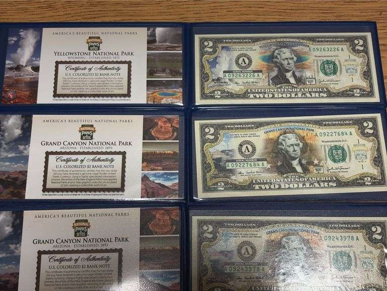 5 Colorized $2 Bank Notes - National Park Series