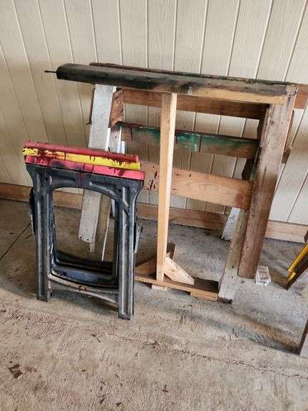 2 Wooden Saw Horses, 3 Plastic Saw Horses and Wooden Brace image