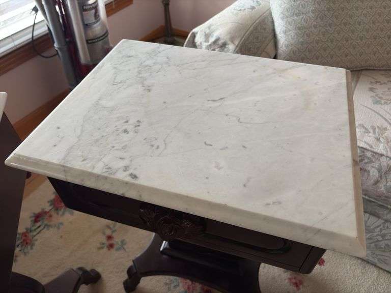 Pair of Marble Top Harp Side Tables - made in Italy - 28”H x 18”W x 14”D
