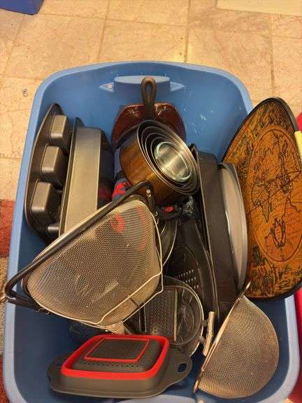 2 Totes of Assorted Pots and Pans and Kitchen Supplies