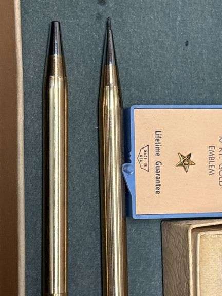 Pair of 10K Gold Filled Rings, 10K Gold Emblem, 2 10K Gold Filled Cross Pen & Pencil
