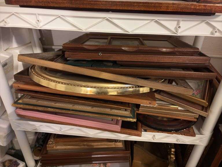 Plastic Storage Rack with Contents - baskets, Art, picture frames, mirrors