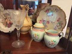 Contents of 1 Shelf - Display Plates, Bowls, Cream & Sugar Bowl, Vases, etc