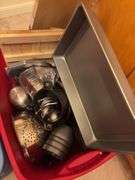 2 Totes of Assorted Pots and Pans and Kitchen Supplies