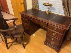 Leather Inlay Desk with Lamp and Chair - 54”W x 29”H x 23”D