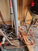 Assorted Long Handled Tools, Storage Rack and Stool