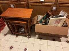 Box of Assorted Kitchen Supplies and Stackable Tables