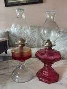 Pair of Pink Glass Oil Lamps