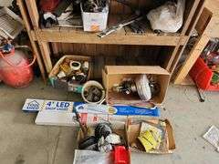 Contents of Shelves - Ceiling Fan, 4 ft Shop Light, Mini Blinds and Miscellaneous Hardware - Wooden Shelf NOT included
