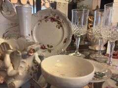 Contents of 1 Shelf - Serving Platters, Water Glasses, Vases, Misc