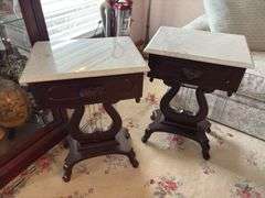 Pair of Marble Top Harp Side Tables - made in Italy - 28”H x 18”W x 14”D