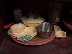 Contents of Lower Cabinet - serving bowls, plates, cups, misc
