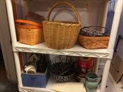 Plastic Storage Rack with Contents- baskets, glassware, misc