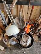 Assorted Long Handled Tools, Storage Rack and Stool